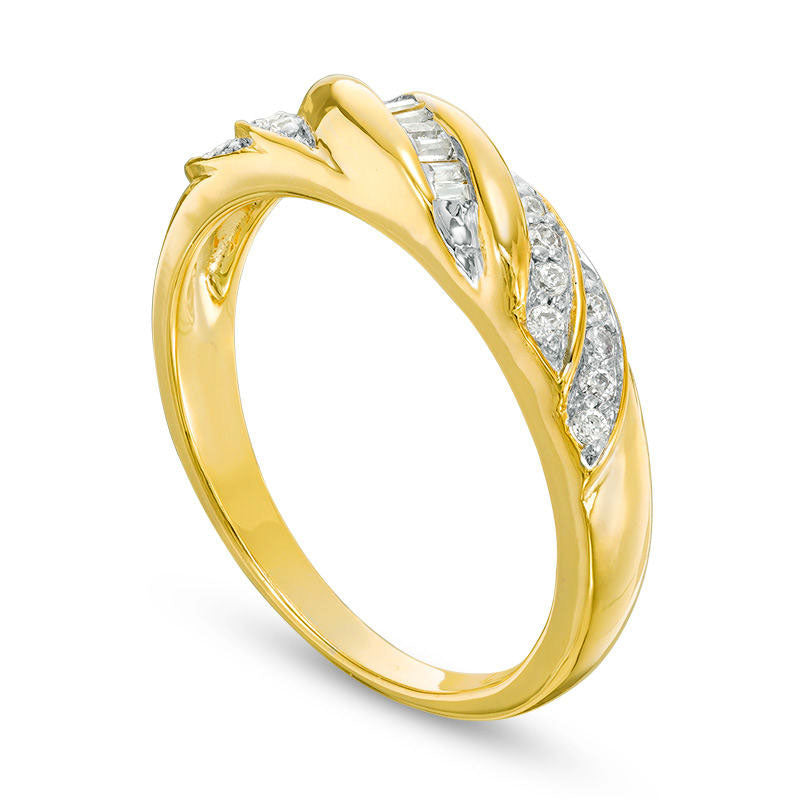 0.17 CT. T.W. Baguette and Round Natural Diamond Twist Slant Anniversary Band in Solid 10K Yellow Gold