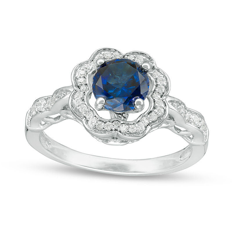 6.4mm Lab-Created Blue Sapphire and 0.25 CT. T.W. Diamond Flower Frame Engagement Ring in Sterling Silver