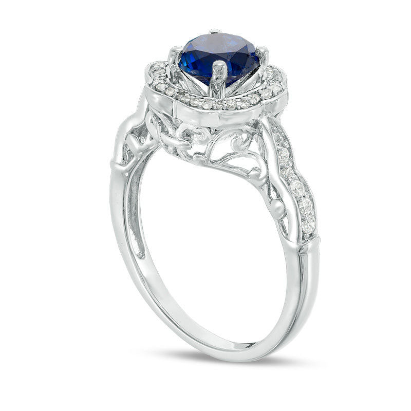 6.4mm Lab-Created Blue Sapphire and 0.25 CT. T.W. Diamond Flower Frame Engagement Ring in Sterling Silver