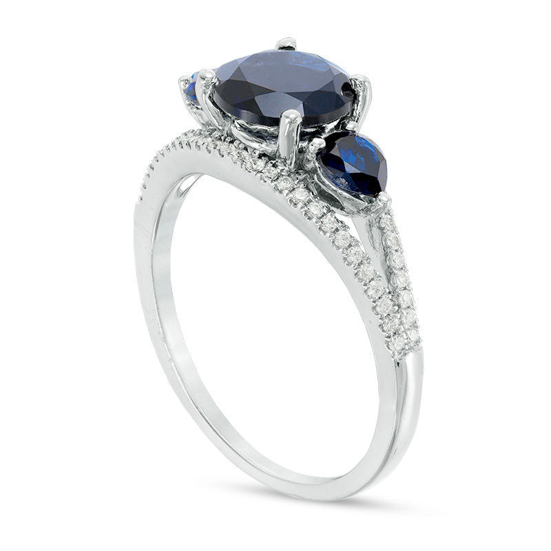 Lab-Created Blue Sapphire and 0.25 CT. T.W. Diamond Split Shank Engagement Ring in Sterling Silver