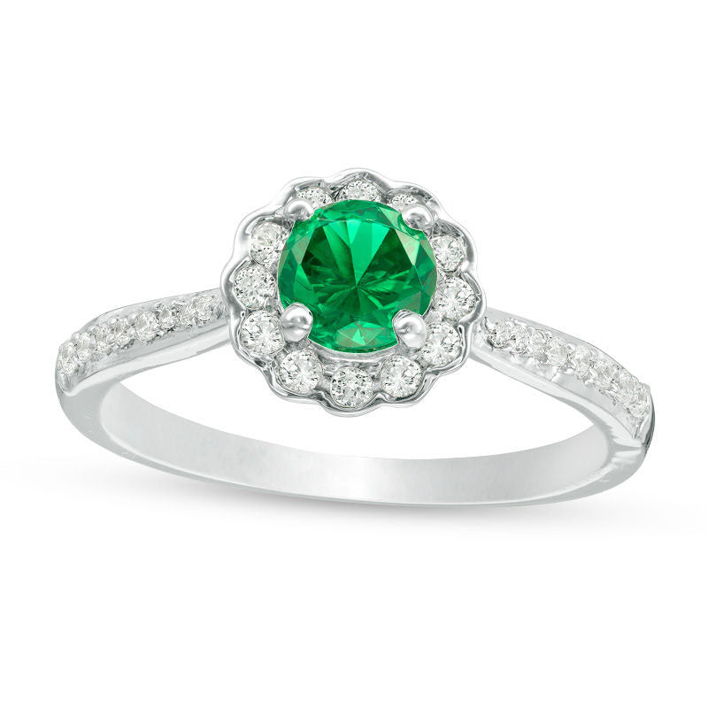 5.2mm Lab-Created Emerald, White Sapphire and 0.10 CT. T.W. Diamond Flower Frame Engagement Ring in Sterling Silver