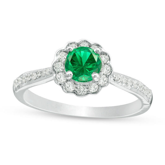 5.2mm Lab-Created Emerald, White Sapphire and 0.10 CT. T.W. Diamond Flower Frame Engagement Ring in Sterling Silver