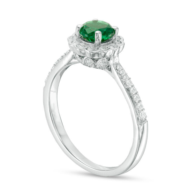 5.2mm Lab-Created Emerald, White Sapphire and 0.10 CT. T.W. Diamond Flower Frame Engagement Ring in Sterling Silver