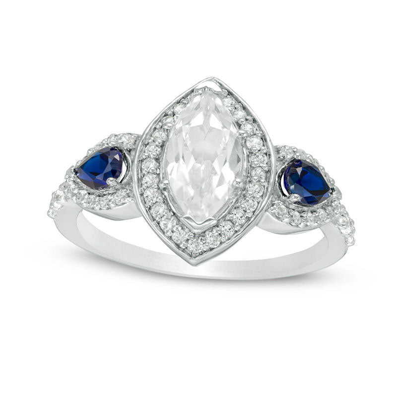 Marquise Lab-Created White and Blue Sapphire Frame Engagement Ring in Sterling Silver