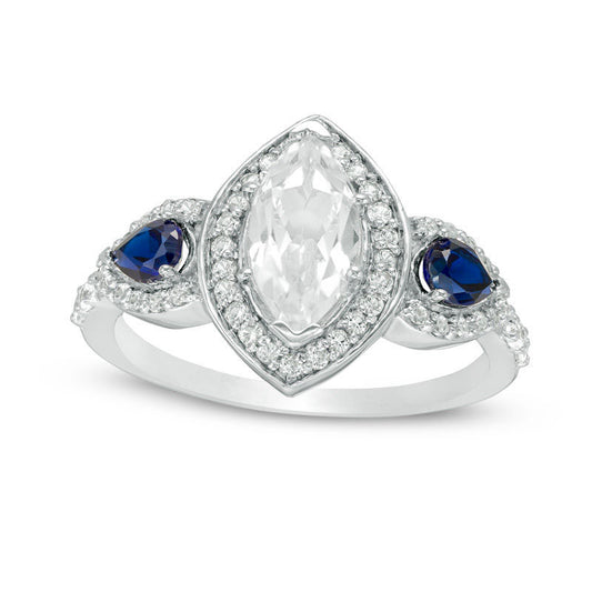 Marquise Lab-Created White and Blue Sapphire Frame Engagement Ring in Sterling Silver