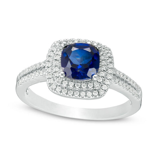 6.0mm Cushion-Cut Lab-Created Blue Sapphire and 0.25 CT. T.W. Diamond Double Frame Engagement Ring in Solid 10K White Gold