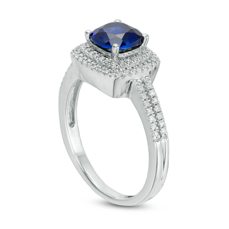 6.0mm Cushion-Cut Lab-Created Blue Sapphire and 0.25 CT. T.W. Diamond Double Frame Engagement Ring in Solid 10K White Gold