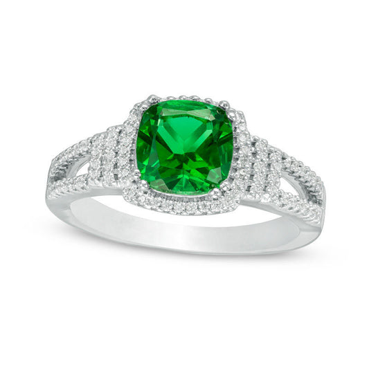 7.0mm Cushion-Cut Lab-Created Emerald and 0.20 CT. T.W. Diamond Collar Engagement Ring in Sterling Silver