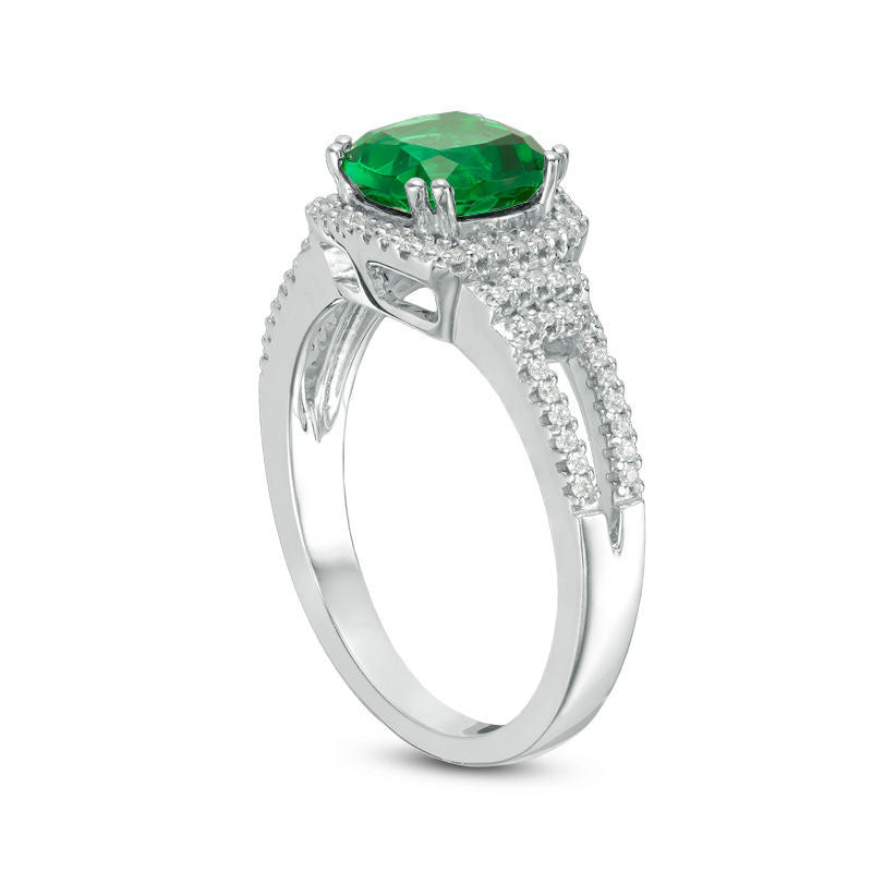 7.0mm Cushion-Cut Lab-Created Emerald and 0.20 CT. T.W. Diamond Collar Engagement Ring in Sterling Silver