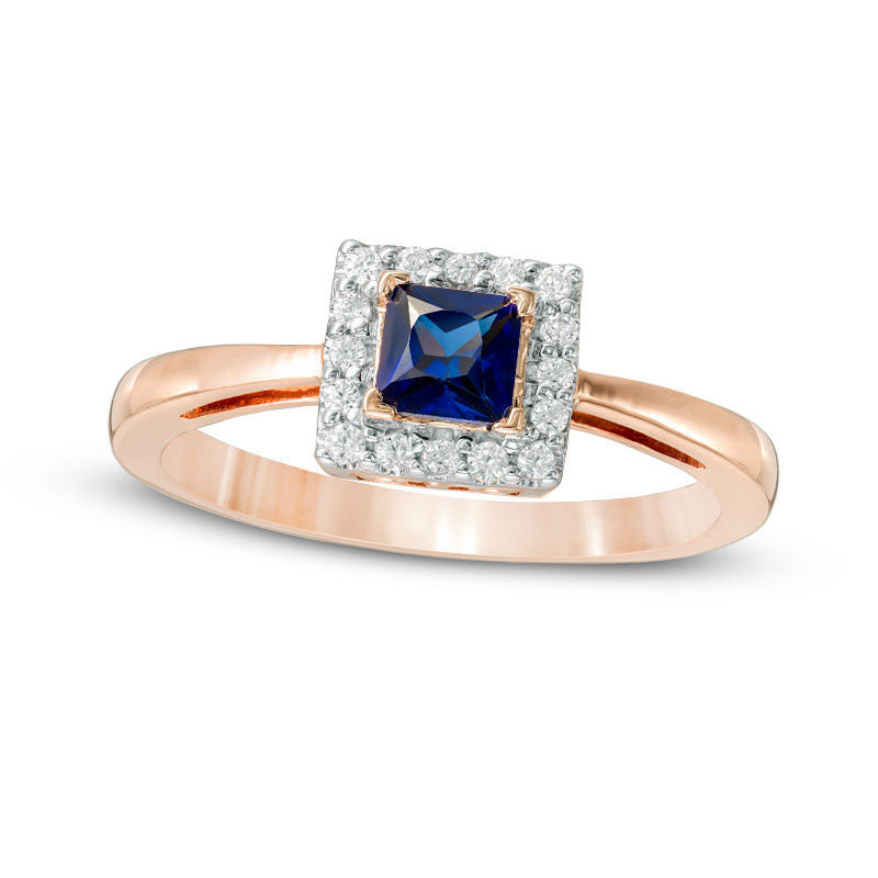 4.0mm Princess-Cut Lab-Created Blue Sapphire and 0.10 CT. T.W. Diamond Square Frame Engagement Ring in Solid 10K Rose Gold