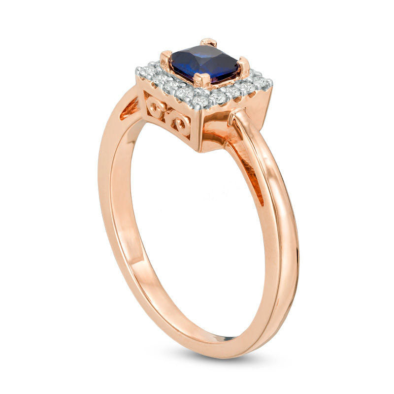 4.0mm Princess-Cut Lab-Created Blue Sapphire and 0.10 CT. T.W. Diamond Square Frame Engagement Ring in Solid 10K Rose Gold