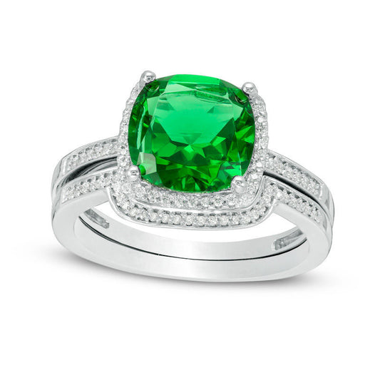 9.0mm Cushion-Cut Lab-Created Emerald and 0.20 CT. T.W. Diamond Frame Bridal Engagement Ring Set in Solid 10K White Gold