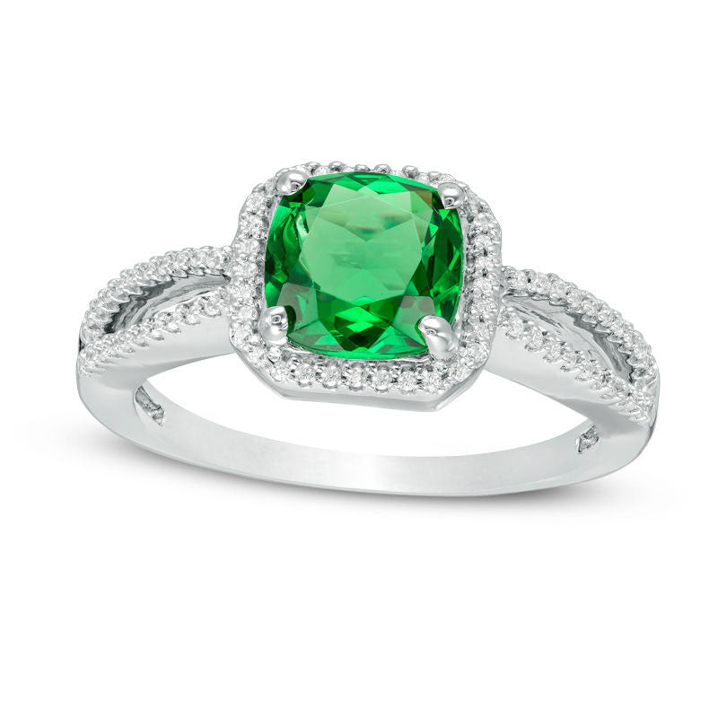 7.0mm Cushion-Cut Lab-Created Emerald and 0.13 CT. T.W. Diamond Frame Split Shank Engagement Ring in Solid 10K White Gold