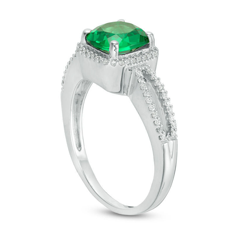 7.0mm Cushion-Cut Lab-Created Emerald and 0.13 CT. T.W. Diamond Frame Split Shank Engagement Ring in Solid 10K White Gold