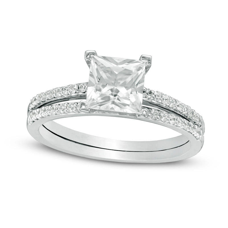 6.0mm Princess-Cut Lab-Created White Sapphire and 0.20 CT. T.W. Diamond Bridal Engagement Ring Set in Solid 10K White Gold