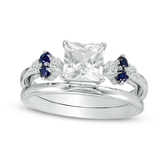 5.0mm Princess-Cut Lab-Created White and Blue Sapphire Quad-Sides Bridal Engagement Ring Set in Sterling Silver