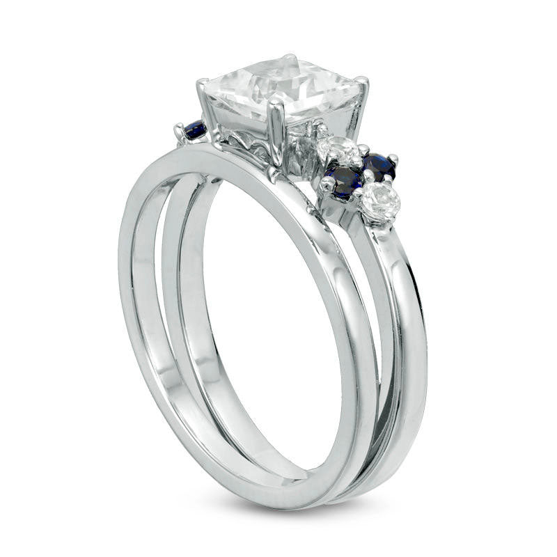 5.0mm Princess-Cut Lab-Created White and Blue Sapphire Quad-Sides Bridal Engagement Ring Set in Sterling Silver