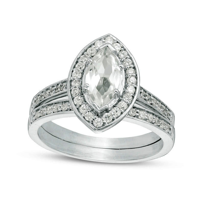 Marquise Lab-Created White Sapphire and 0.33 CT. T.W. Diamond Frame Bridal Engagement Ring Set in Sterling Silver