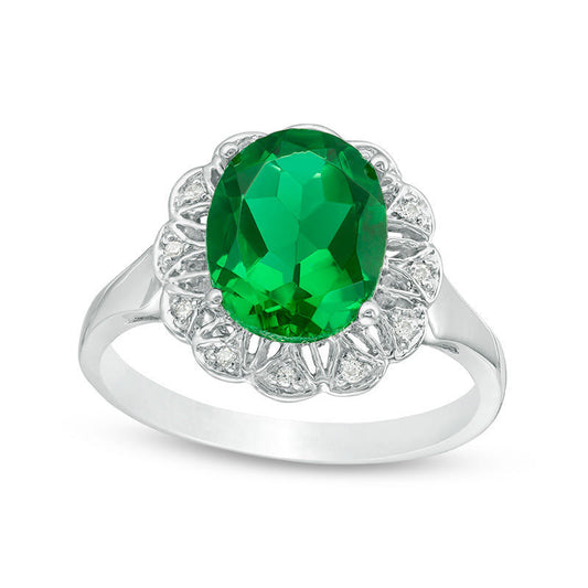 Oval Lab-Created Emerald and 0.05 CT. T.W. Diamond Scallop Frame Engagement Ring in Solid 10K White Gold