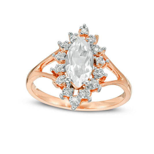 Marquise Lab-Created White Sapphire and 0.07 CT. T.W. Diamond Sunburst Frame Engagement Ring in Solid 10K Rose Gold