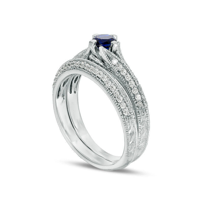 Lab-Created Blue Sapphire and 0.33 CT. T.W. Diamond Antique Vintage-Style Bridal Engagement Ring Set in Solid 10K White Gold