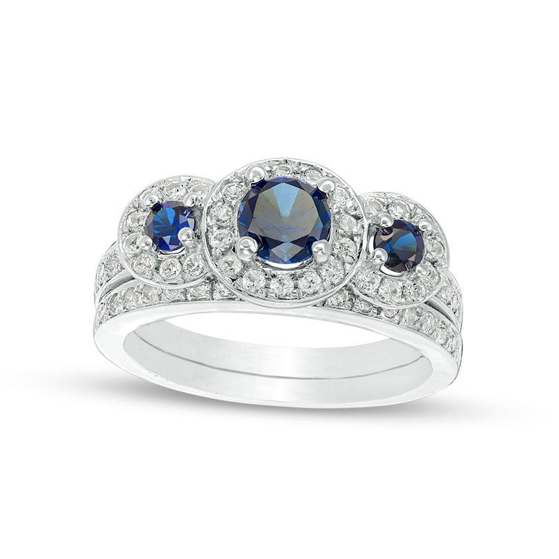 Lab-Created Blue and White Sapphire Frame Three Stone Bridal Engagement Ring Set in Solid 10K White Gold