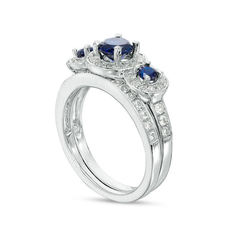 Lab-Created Blue and White Sapphire Frame Three Stone Bridal Engagement Ring Set in Solid 10K White Gold