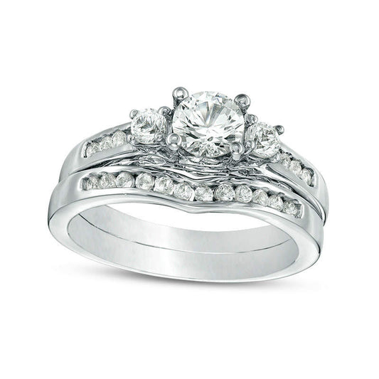 5.4mm Lab-Created White Sapphire Three Stone Bridal Engagement Ring Set in Solid 10K White Gold