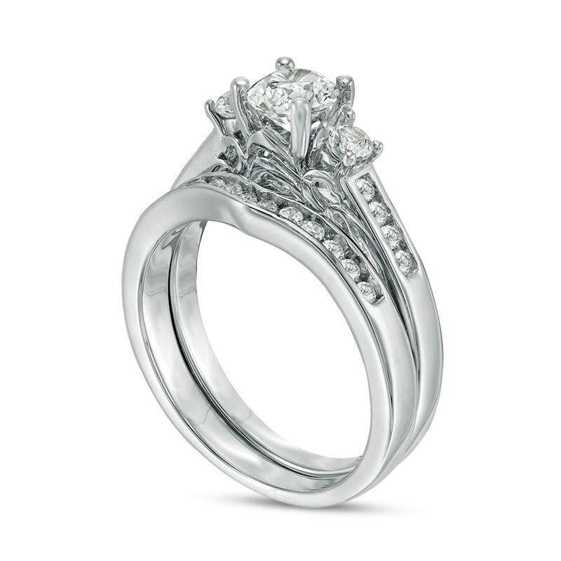 5.4mm Lab-Created White Sapphire Three Stone Bridal Engagement Ring Set in Solid 10K White Gold