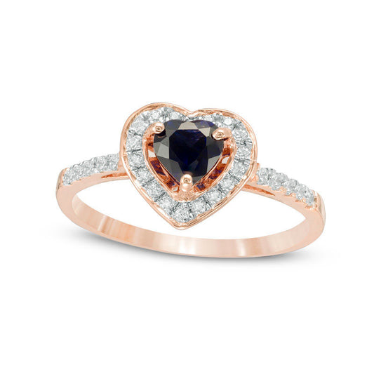 5.0mm Lab-Created Blue Sapphire and 0.17 CT. T.W. Diamond Heart Frame Engagement Ring in Solid 10K Rose Gold