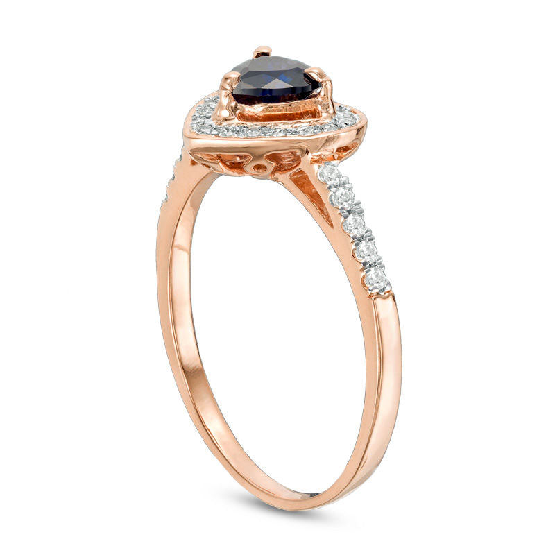 5.0mm Lab-Created Blue Sapphire and 0.17 CT. T.W. Diamond Heart Frame Engagement Ring in Solid 10K Rose Gold