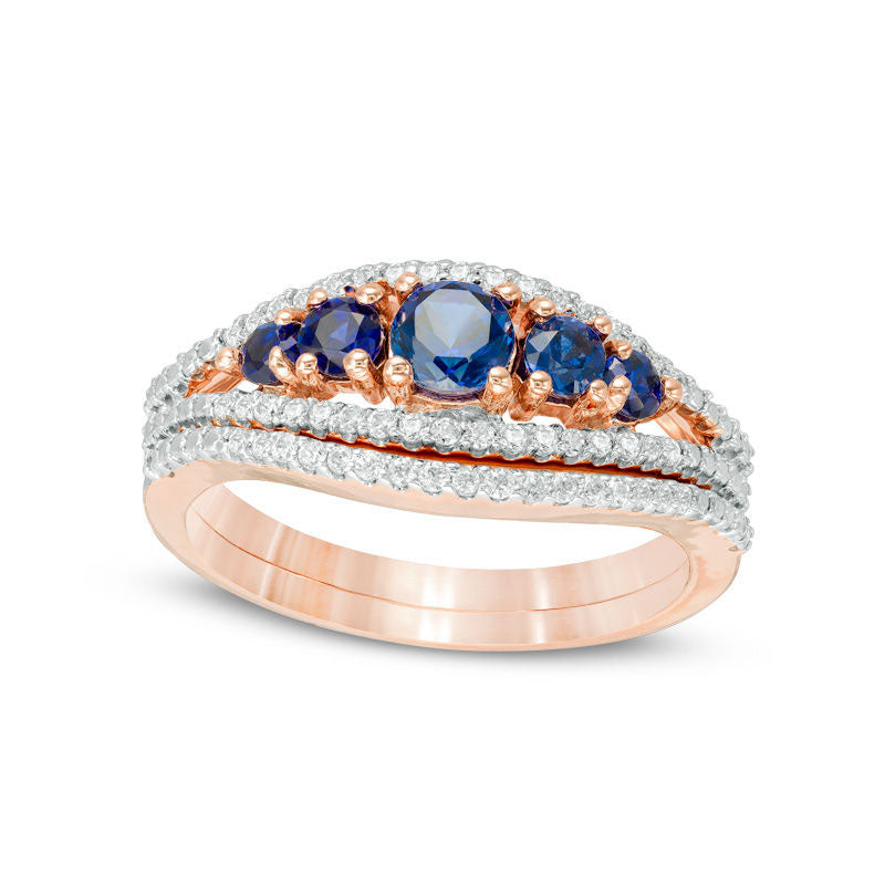 Lab-Created Blue Sapphire and 0.17 CT. T.W. Diamond Five Stone Bridal Engagement Ring Set in Solid 10K Rose Gold