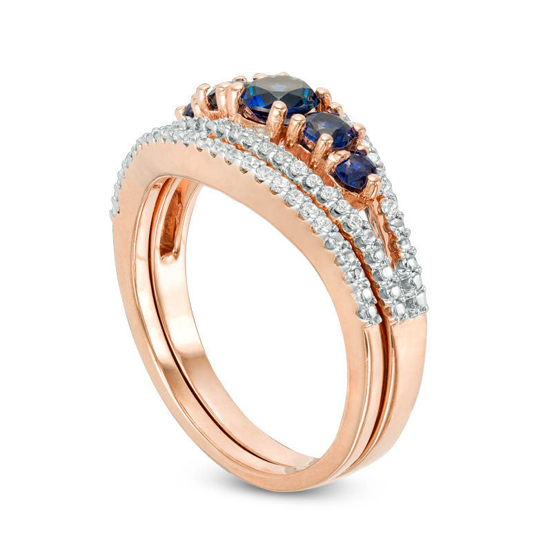 Lab-Created Blue Sapphire and 0.17 CT. T.W. Diamond Five Stone Bridal Engagement Ring Set in Solid 10K Rose Gold