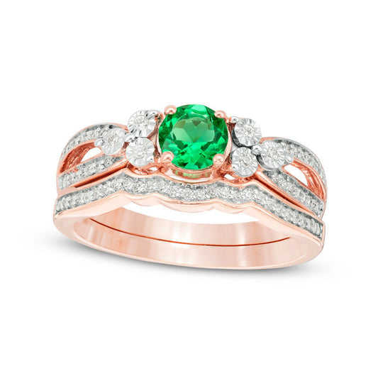 5.8mm Lab-Created Emerald and 0.20 CT. T.W. Diamond Tri-Sides Bridal Engagement Ring Set in Solid 10K Rose Gold