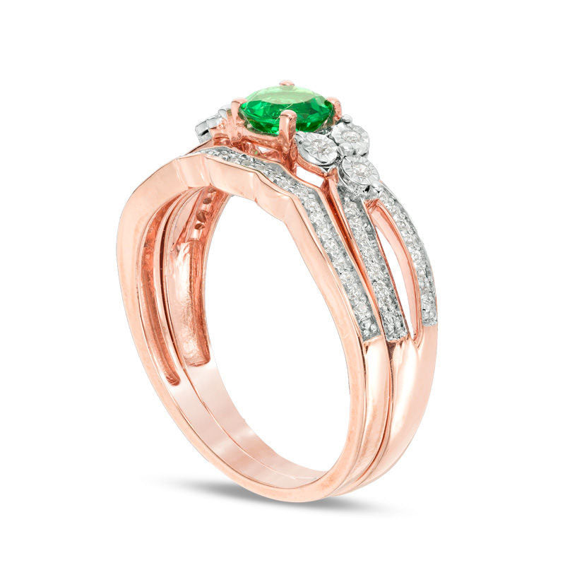 5.8mm Lab-Created Emerald and 0.20 CT. T.W. Diamond Tri-Sides Bridal Engagement Ring Set in Solid 10K Rose Gold