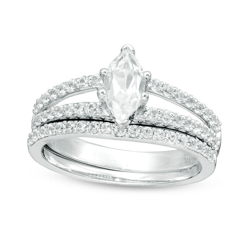 Marquise Lab-Created White Sapphire Split Shank Bridal Engagement Ring Set in Solid 10K White Gold