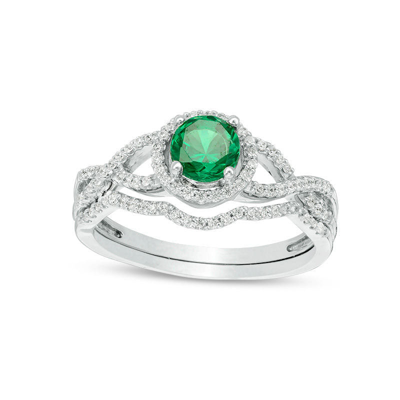 5.2mm Lab-Created Emerald and 0.25 CT. T.W. Diamond Twist Shank Bridal Engagement Ring Set in Solid 10K White Gold