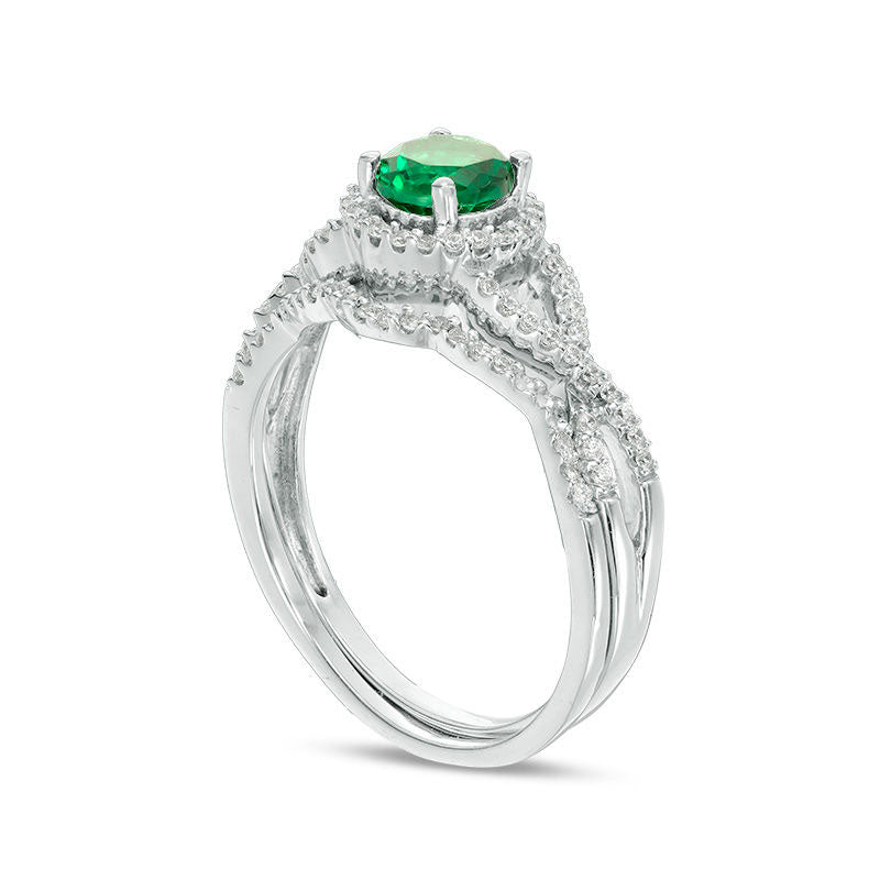 5.2mm Lab-Created Emerald and 0.25 CT. T.W. Diamond Twist Shank Bridal Engagement Ring Set in Solid 10K White Gold