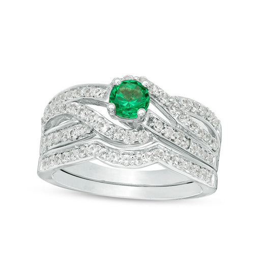 4.5mm Lab-Created Emerald and White Sapphire Bypass Bridal Engagement Ring Set in Solid 10K White Gold