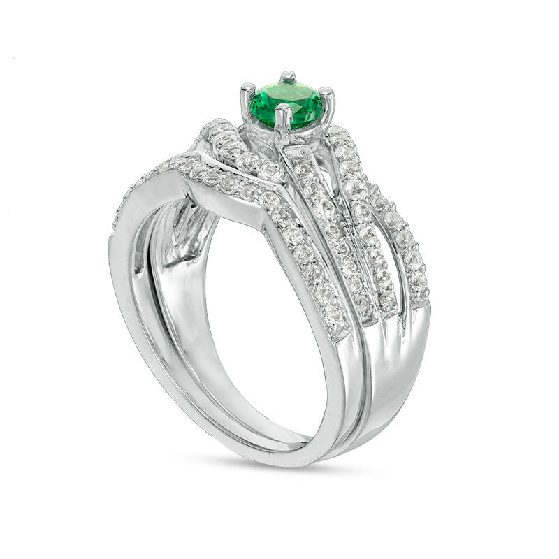 4.5mm Lab-Created Emerald and White Sapphire Bypass Bridal Engagement Ring Set in Solid 10K White Gold