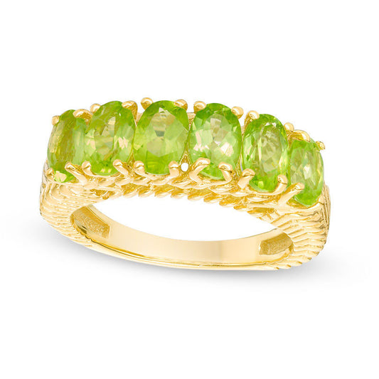 Oval Peridot Six Stone Ring in Sterling Silver with Solid 14K Gold Plate