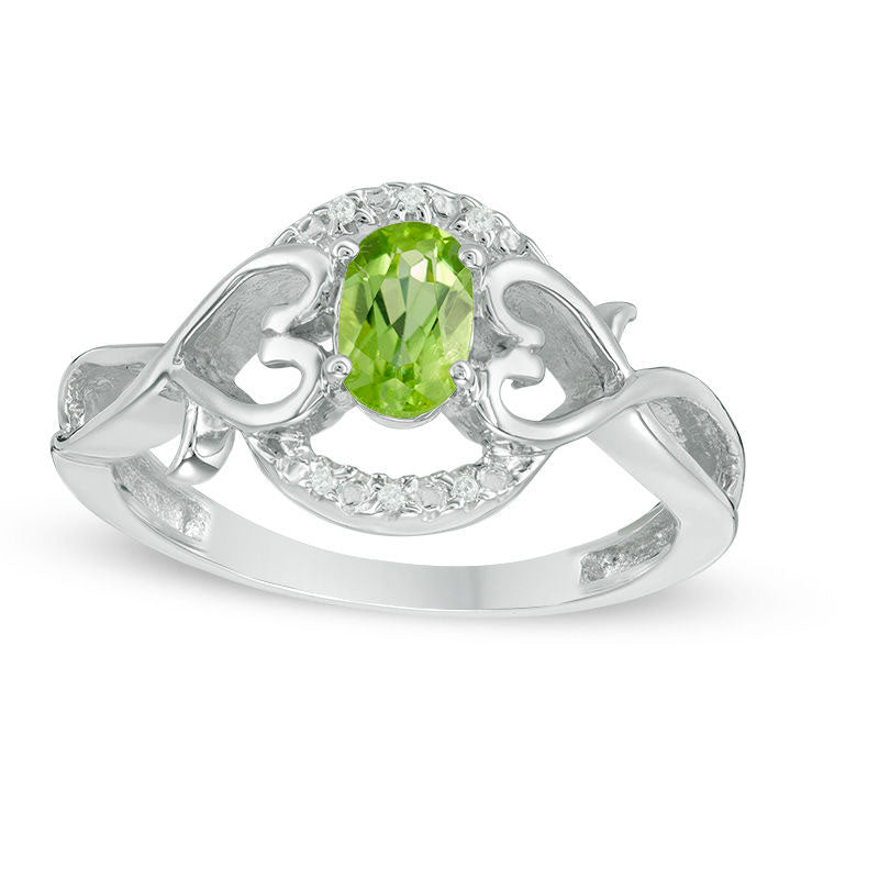 Oval Peridot and Natural Diamond Accent Frame Heart Sides Ring in Sterling Silver