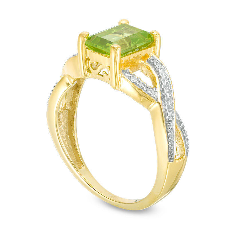 Emerald-Cut Peridot and Natural Diamond Accent Twist Split Shank Ring in Sterling Silver with Solid 14K Gold Plate