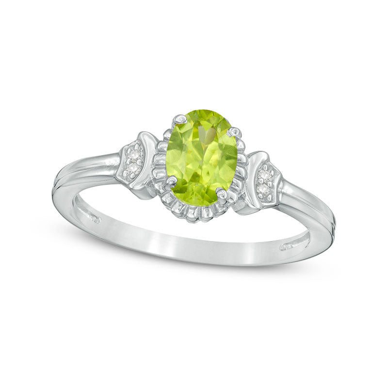 Oval Peridot and Natural Diamond Accent Collar Antique Vintage-Style Ring in Sterling Silver