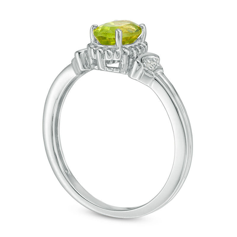 Oval Peridot and Natural Diamond Accent Collar Antique Vintage-Style Ring in Sterling Silver