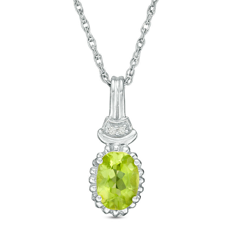 Oval Peridot and Natural Diamond Accent Antique Vintage-Style Drop Pendant in Sterling Silver