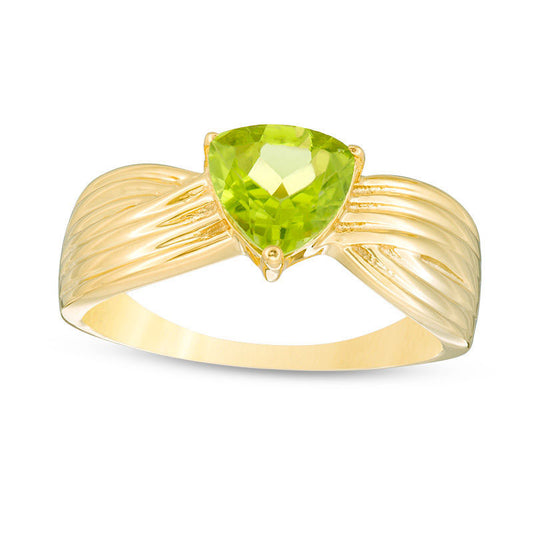 7.0mm Trillion-Cut Peridot Crossover Ring in Sterling Silver with Solid 14K Gold Plate