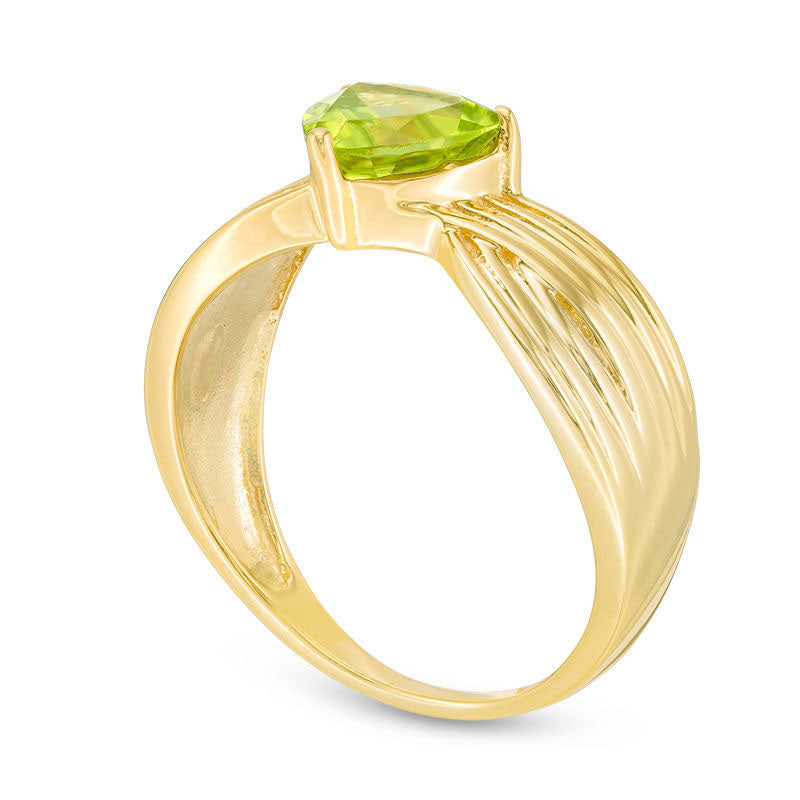 7.0mm Trillion-Cut Peridot Crossover Ring in Sterling Silver with Solid 14K Gold Plate