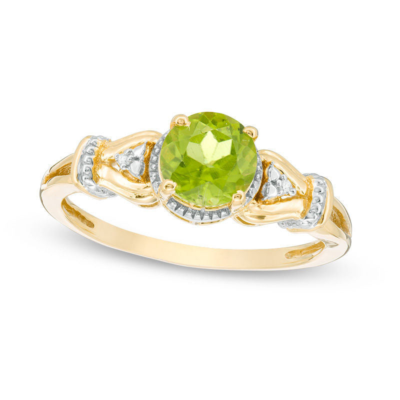 6.0mm Peridot and Natural Diamond Accent Tri-Sides Collar Antique Vintage-Style Ring in Sterling Silver with Solid 14K Gold Plate