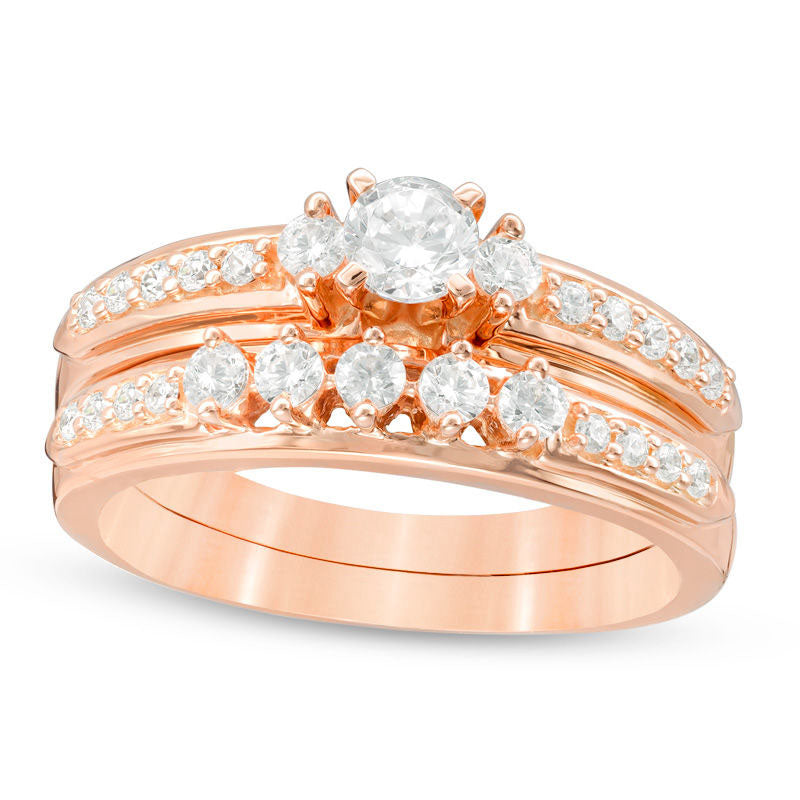 0.63 CT. T.W. Natural Diamond Three Stone Bridal Engagement Ring Set in Solid 14K Rose Gold